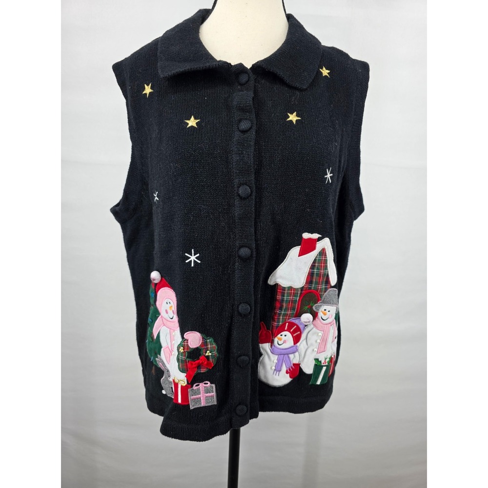 Bechamel Black Snowman Holiday Sweater Vest XL Vintage Winter Cottagecore